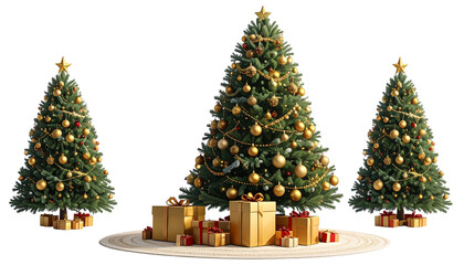 Christmas Tree with Golden Ornaments and Gifts Isolated over White Background