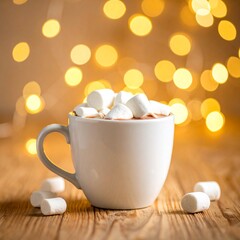木のテーブルにマシュマロ入りココア 白いカップと黄金の背景ライト