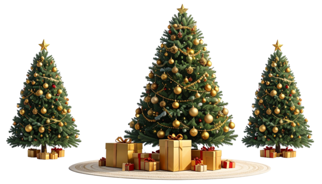 Christmas Tree with Golden Ornaments and Gifts Isolated over White Background
