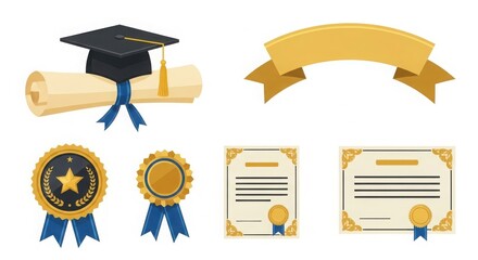 Graduation cap diploma ribbon award medals and certificate icons representing academic achievement and success illustration