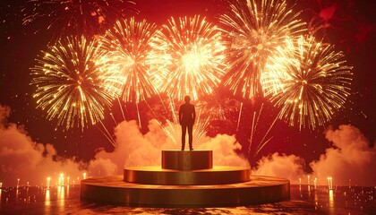 Silhouette on Stage with Dazzling Fireworks Display.