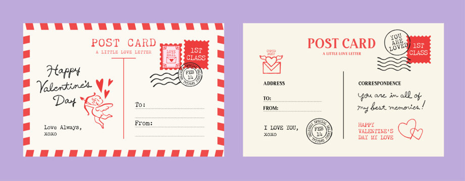 Valentine’s Day postcard template with romantic stamps and handwritten messages