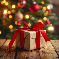 ラスティックな木製テーブルと小さなギフトボックスの温かいクリスマス雰囲気