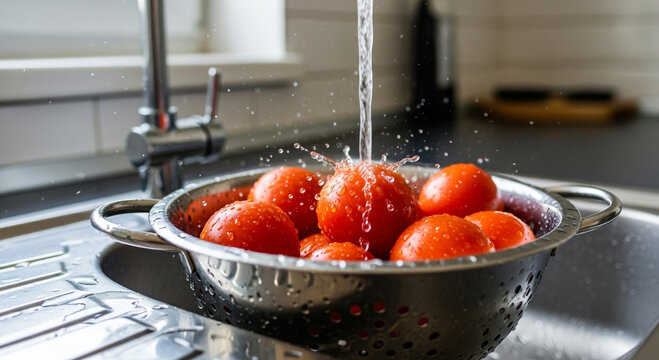 Fresh red tomatoes being rinsed under running water in a metal colander in a modern kitchen sink.