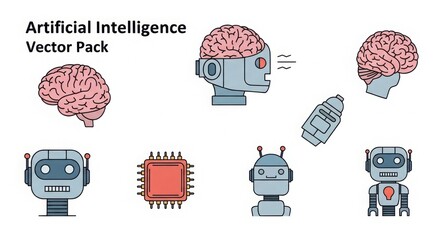 Artificial intelligence vector pack showcasing brains robots microchips and future technology concepts illustration