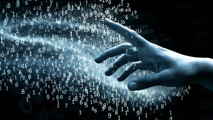 A human hand reaches into a swirling stream of glowing white and blue digital numbers on a dark background - Powered by Adobe