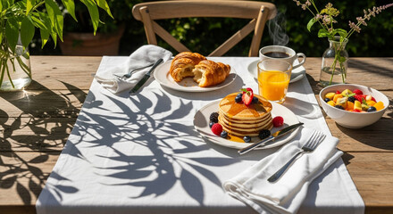 A delicious breakfast spread of pancakes, croissants, fruit salad, and orange juice is set on a white tablecloth outdoors.