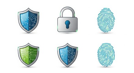 Digital security icons set featuring shields padlock and fingerprints for data protection and privacy concepts illustration