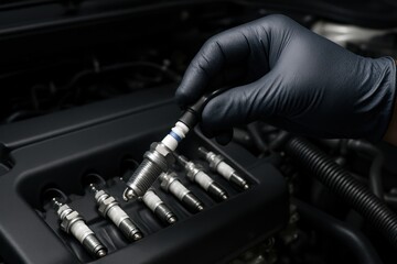 Naklejka premium Automotive technician wearing a black glove holding a spark plug for engine maintenance