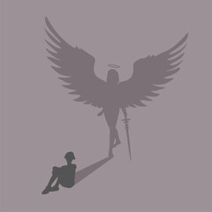 Woman dreams of becoming a superhero. Female silhouette casting a shadow with wings angel. Power and ambition. Warlike girl goddess. Lady elf holding sword in hand.
