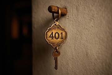 Vintage brass hotel room key with ornate tag displaying number 401 hanging on a wall
