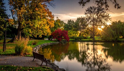 Fototapeta premium Peaceful Autumn Park Scene with Lake at Sunset.