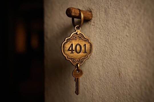 Vintage brass hotel room key with ornate tag displaying number 401 hanging on a wall