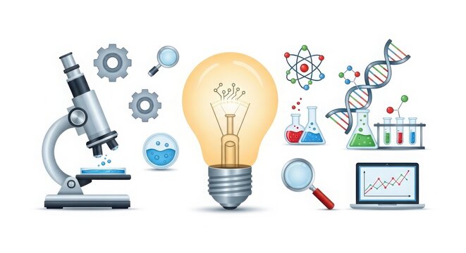 Bright ideas in science discovery and innovation microscope dna dna sequencing technology and lightbulb symbolizing eureka moments illustration
