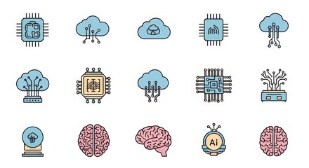 Collection of digital technology icons featuring ai brains clouds and computer chips representing innovation and data processing illustration