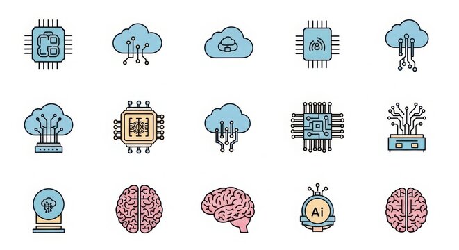 Collection of digital technology icons featuring ai brains clouds and computer chips representing innovation and data processing illustration
