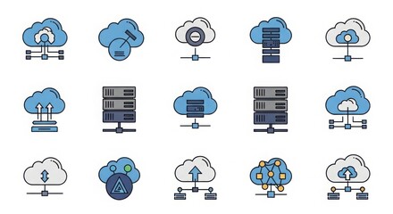 Diverse cloud computing icons representing data storage network connectivity server technology and digital information transfer options illustration