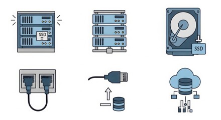 Modern data center technology icons featuring servers network cables hard drives cloud storage and data transfer concepts illustration