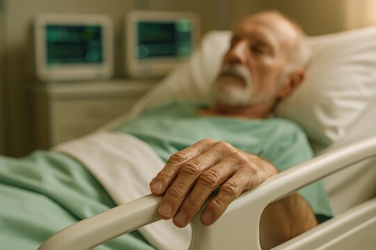 Elderly male patient resting in hospital bed with hand on rail and medical monitors