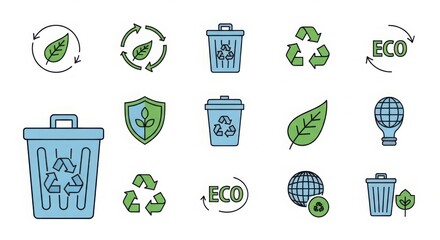 Collection of green eco-friendly recycling icons and symbols for sustainability and environmental protection illustration