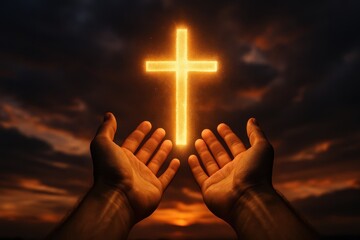 Human hands reaching towards a glowing christian cross in a dramatic sky at sunset