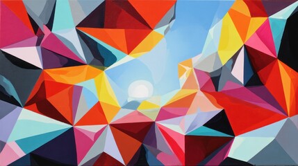 Geometric artwork with sharp angles and vibrant hues, evoking a sense of depth and complexity