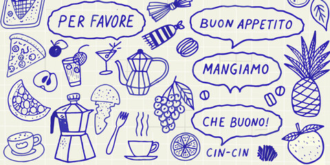 Hand drawn italian food and drink doodles with phrases like buon appetito and mangiamo