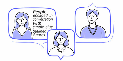 Three diverse people in simple blue outlined figures engaged in a conversation with speech bubbles