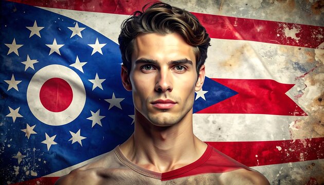 Portrait of a determined man superimposed on the Ohio flag.