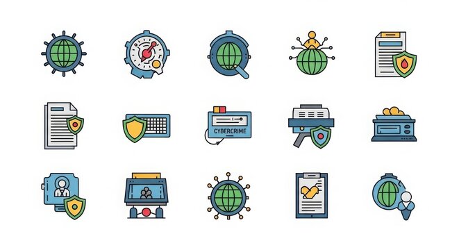 Collection of digital security and data protection icons representing cybersecurity and information safety for online transactions and business illustration