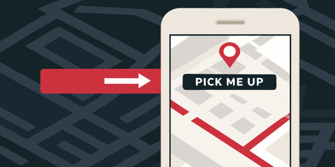 Modern smartphone displaying a map with a pickup location pin and a prominent pick me up button on a stylized background © Lolita