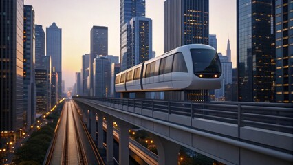 Naklejka premium A modern monorail glides above a city skyline at sunset, surrounded by tall buildings and illuminated by soft evening light.
