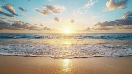 Obraz premium Golden sunset over calm ocean waves, reflecting warm colors on sandy beach