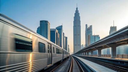 Naklejka premium A modern cityscape featuring a train on elevated tracks, with stunning skyscrapers rising in the background against a clear sky.