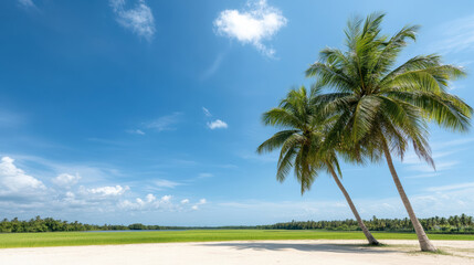 Fototapeta premium Lush palm trees beside vibrant green rice fields under clear blue sky create serene landscape