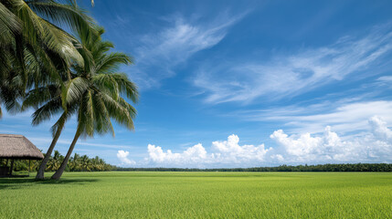 Obraz premium Lush green rice fields stretch under bright blue sky, framed by tall palm trees swaying gently