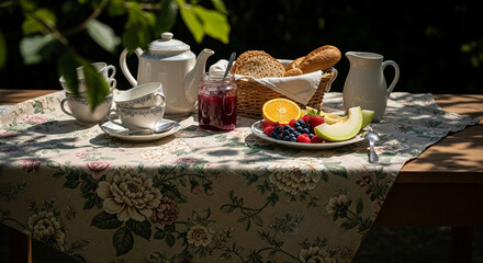 Breakfast table setting with tea, bread, jam, and fruit in a garden.