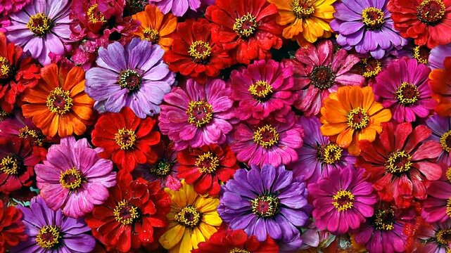 A vibrant, dense carpet of multicolor zinnia flowers in full bloom, a tapestry of natural beauty