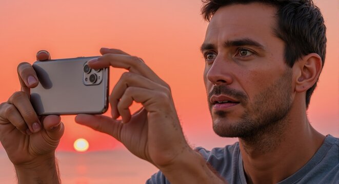 A man taking a photo of the sunset with his smartphone. Close-up of a person using a mobile camera to capture the golden hour outdoors