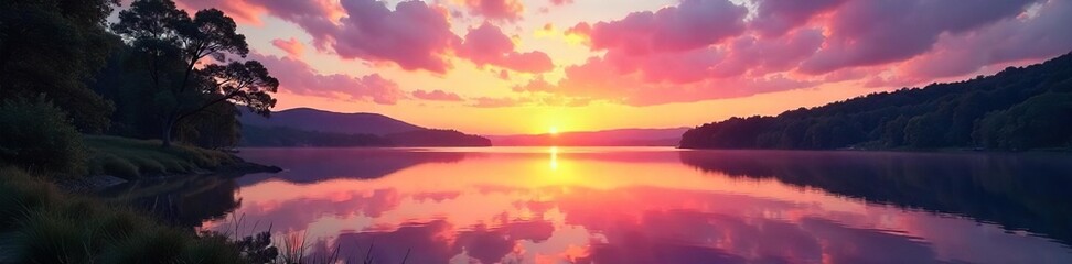 Fototapeta premium Serene Lakeside Sunset Tranquil Water Reflects Vibrant Sky, Perfect for Relaxation and Unwinding