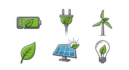 Green energy icons set visualizing sustainable power sources for eco friendly initiatives and renewable technology concepts illustration