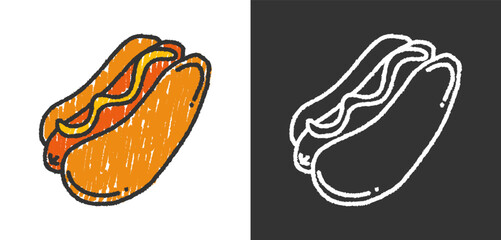 Hand drawn crayon style hotdog illustration with mustard, perfect for food designs, posters, stickers, and digital artwork