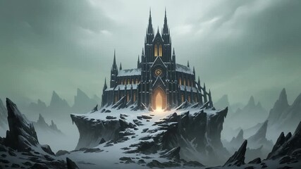 Gothic castle on a snowy mountain peak under a stormy sky