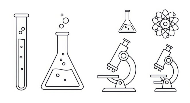 Collection of scientific laboratory equipment icons featuring test tubes beakers microscopes and molecular models for educational and research purposes illustration