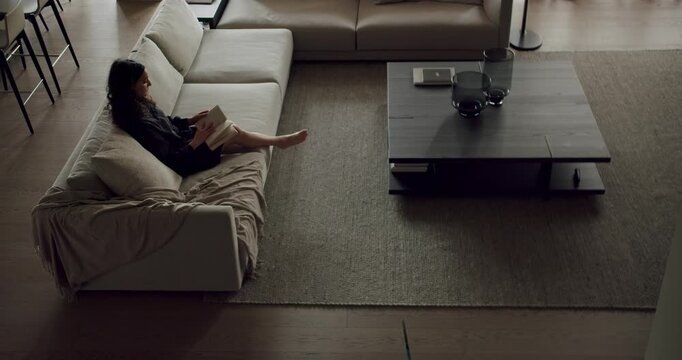 Elevated view of a young woman reading a book on a comfortable sofa in a stylish, well-lit modern living room. Young Woman Relaxing on Sofa in Modern Living Room