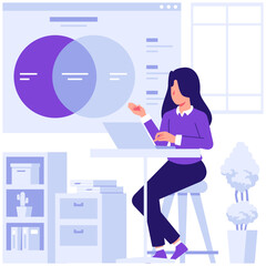 businesswoman working on laptop with venn diagram chart