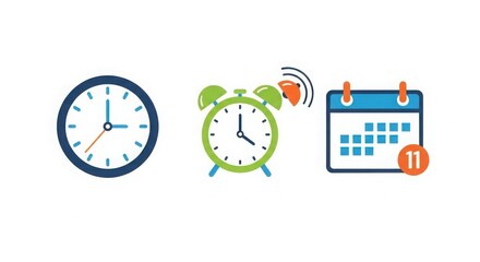 Time management icons set featuring classic clock alarm clock and calendar with notification symbol for productivity and scheduling concepts illustration