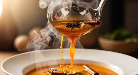 Steaming orange soup or curry being poured from a ladle into a white bowl with spices.