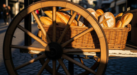 Wooden cart filled with various loaves of bread, showcasing a rustic bakery display.
