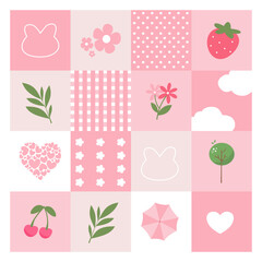 Cute Pink Spring Pattern with Flowers, Bunny, and Fruits Vector Illustration